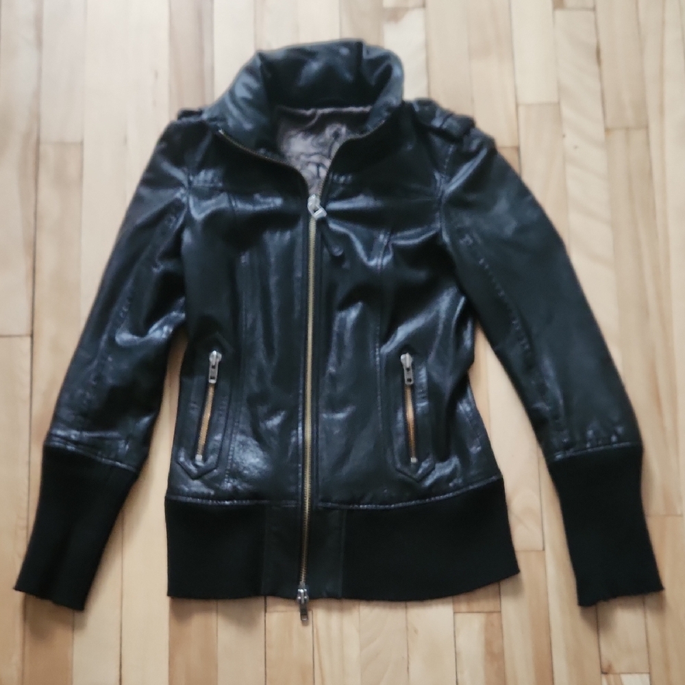 Mackage Black Leather Jacket with High Collar